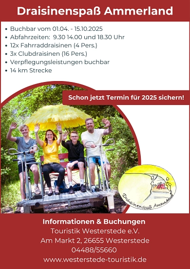 Draisinenspaß Ammerland 2025 Draisinenspaß Ammerland 2025 © Touristik Westerstede e.V.