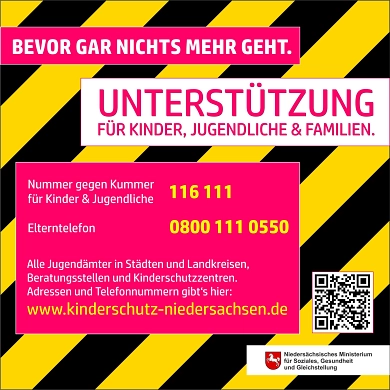 Unterstuetzung_Jugendliche Unterstützung für Jugendliche unter 116 111 © Niedersächsisches Ministerium für Soziales, Arbeit, Gesundheit und Gleichstellung